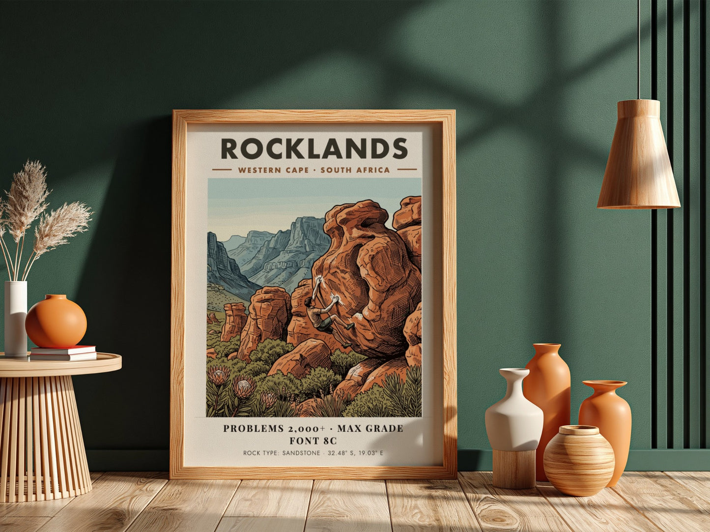 Rocklands climbing poster featuring a boulderer on orange sandstone in the Western Cape