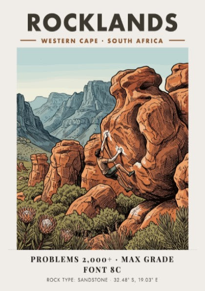 Rocklands climbing poster featuring a boulderer on orange sandstone in the Western Cape