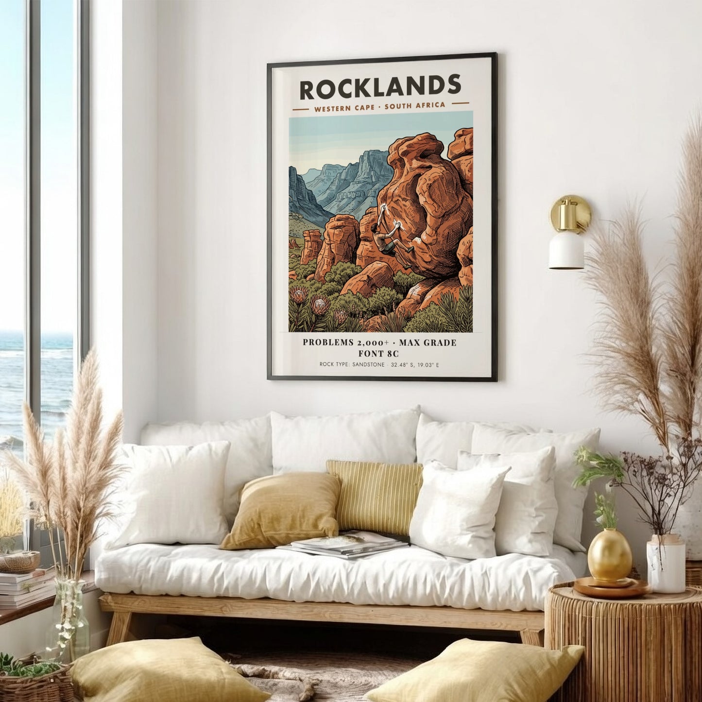 Rocklands climbing poster featuring a boulderer on orange sandstone in the Western Cape