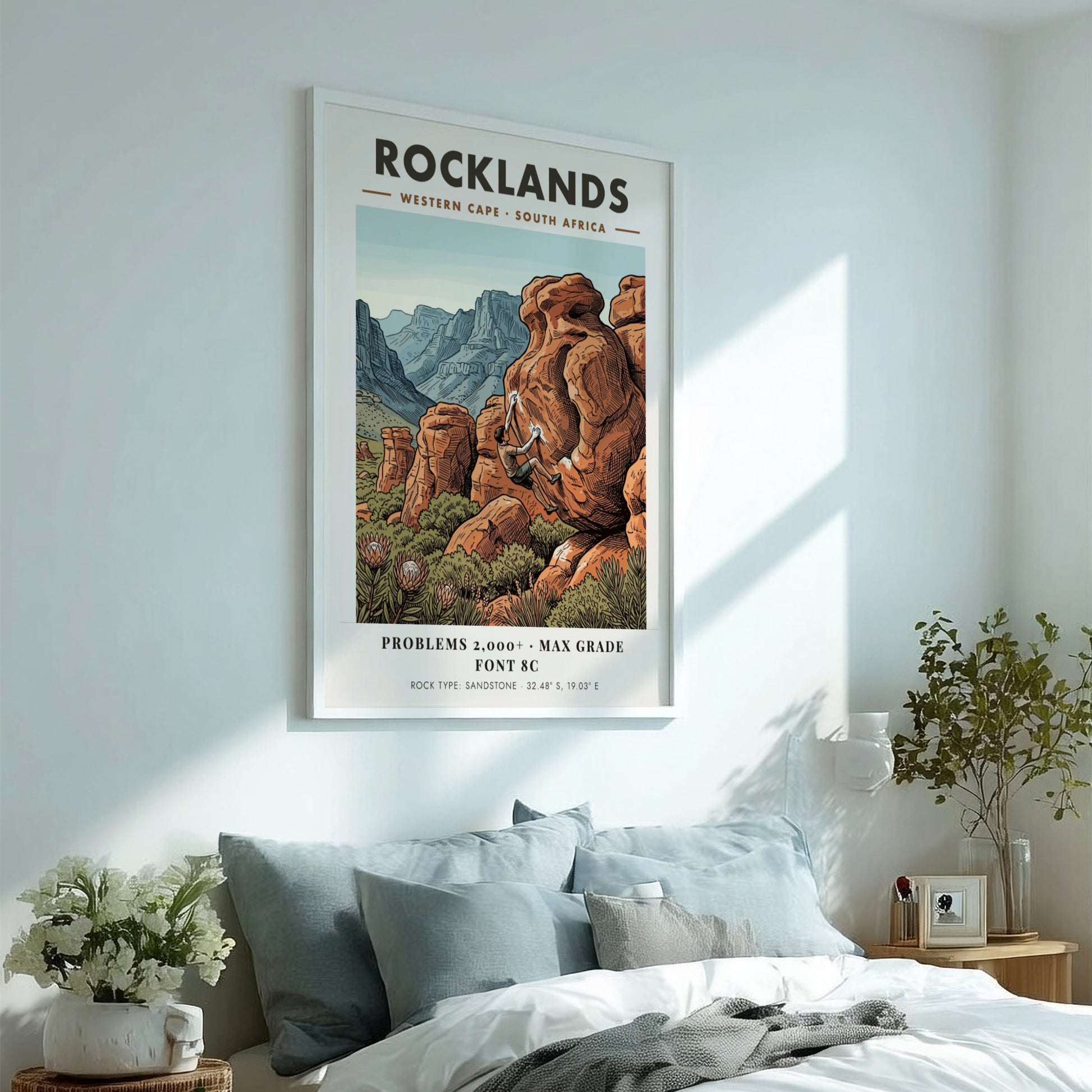 Rocklands climbing poster featuring a boulderer on orange sandstone in the Western Cape