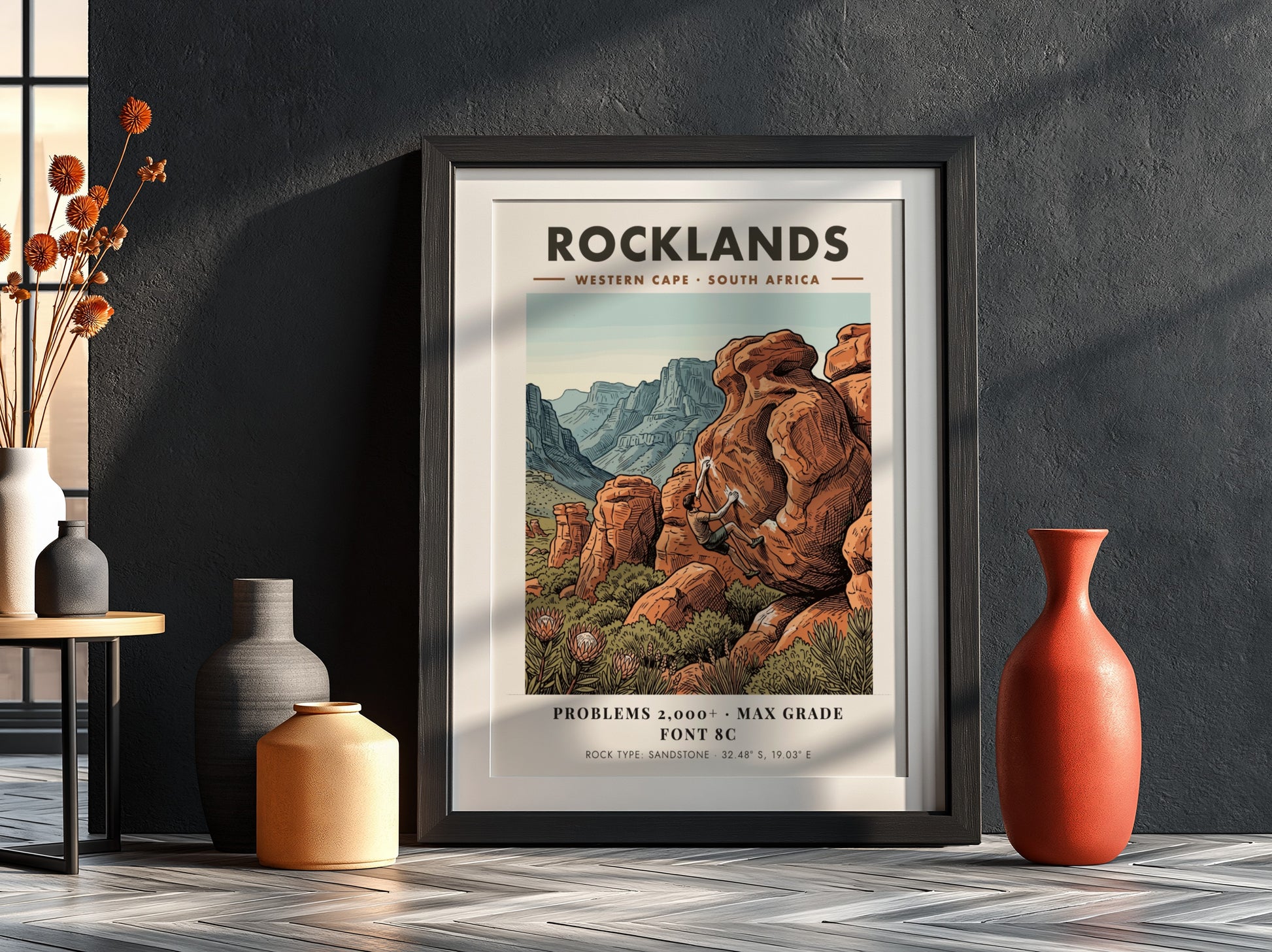 Rocklands climbing poster featuring a boulderer on orange sandstone in the Western Cape