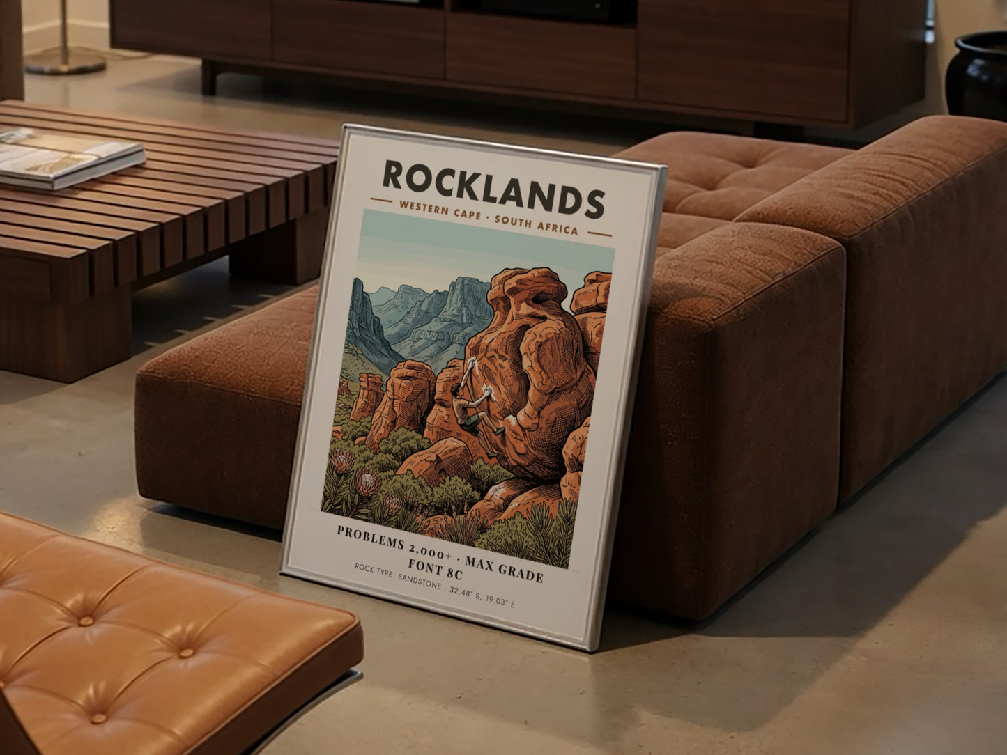 Rocklands climbing poster featuring a boulderer on orange sandstone in the Western Cape