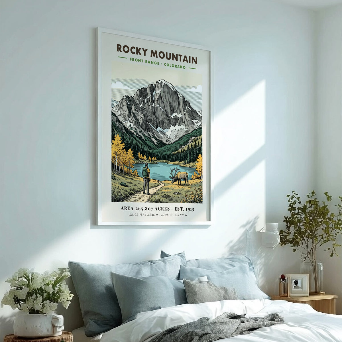 Rocky Mountain National Park poster showing a hiker, grazing elk, and Longs Peak.