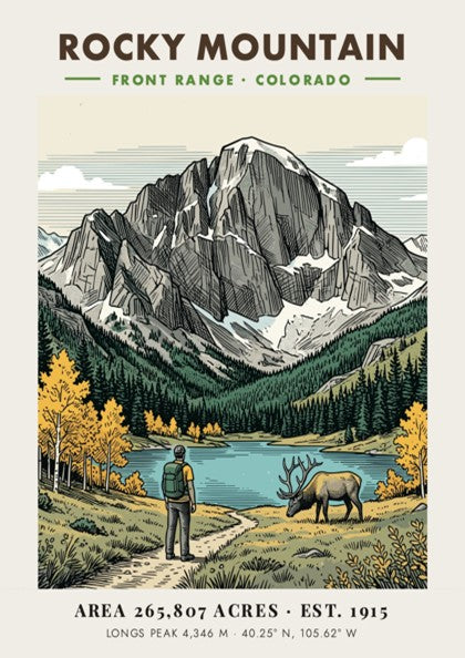Rocky Mountain National Park poster showing a hiker, grazing elk, and Longs Peak.