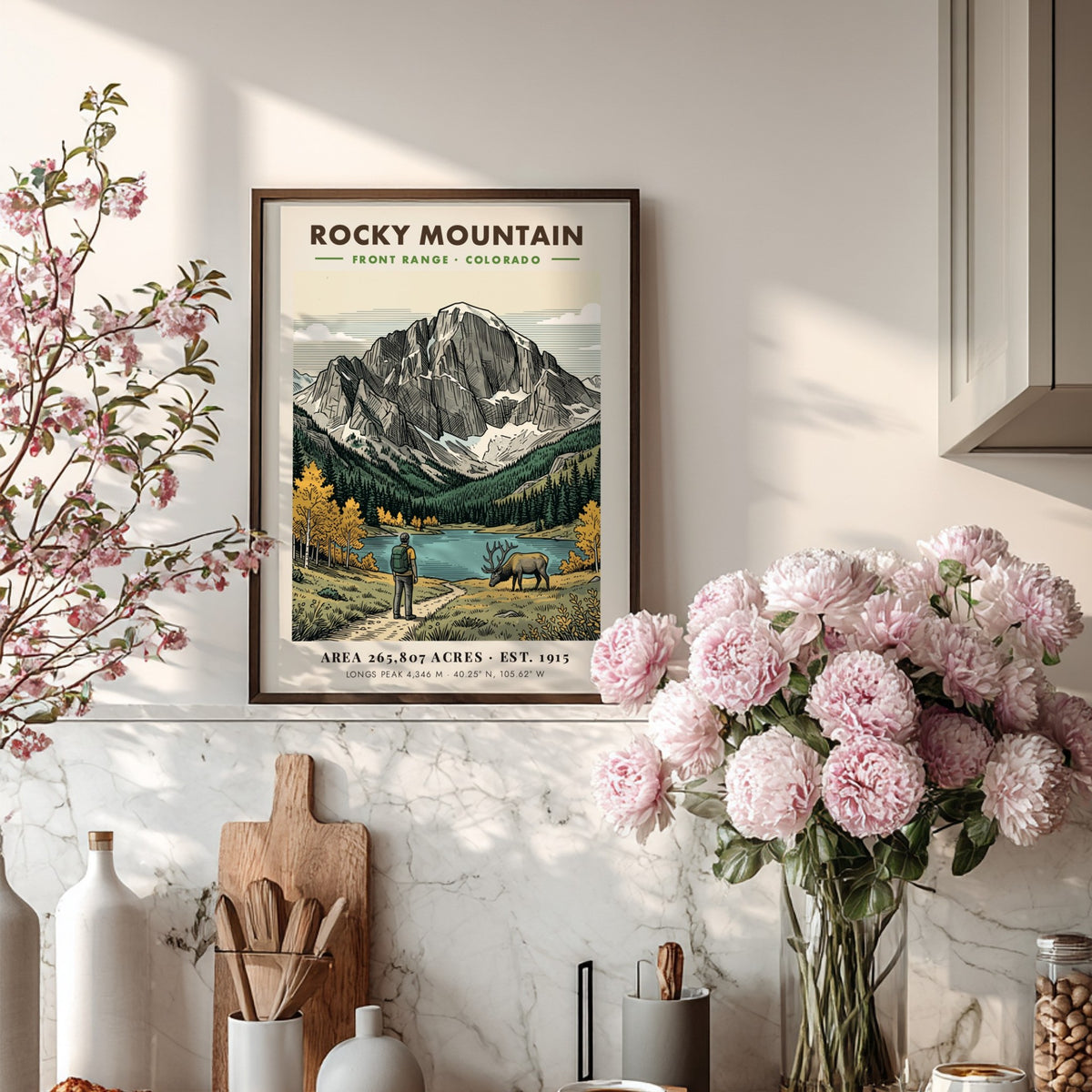 Rocky Mountain National Park poster showing a hiker, grazing elk, and Longs Peak.