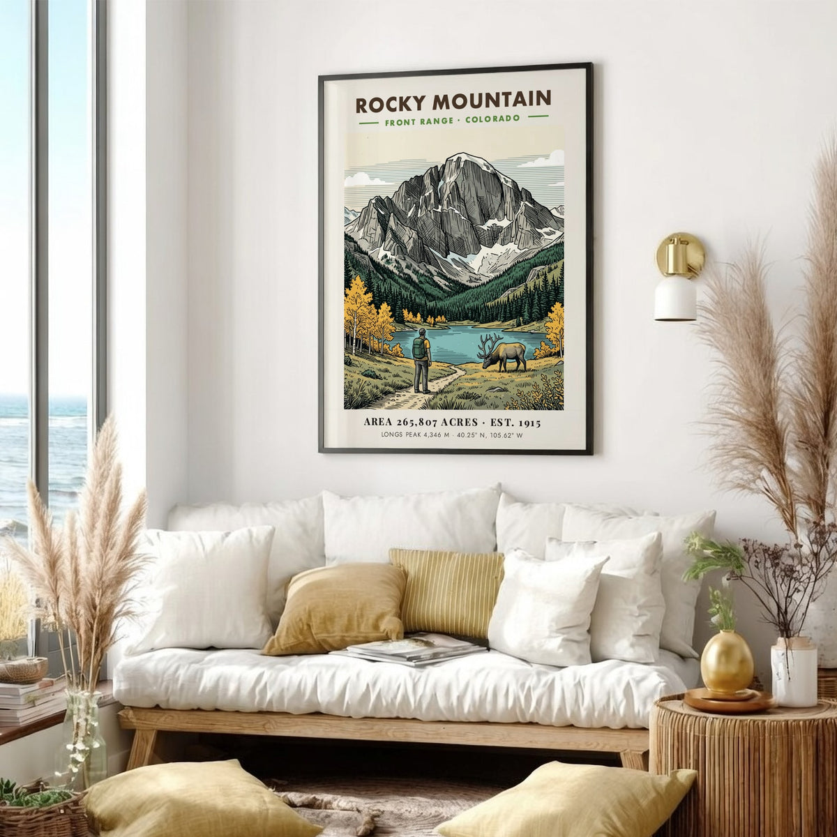 Rocky Mountain National Park poster showing a hiker, grazing elk, and Longs Peak.