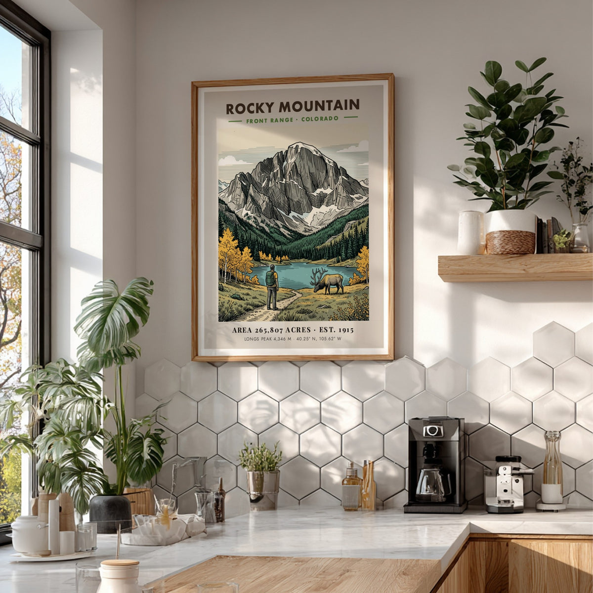 Rocky Mountain National Park poster showing a hiker, grazing elk, and Longs Peak.