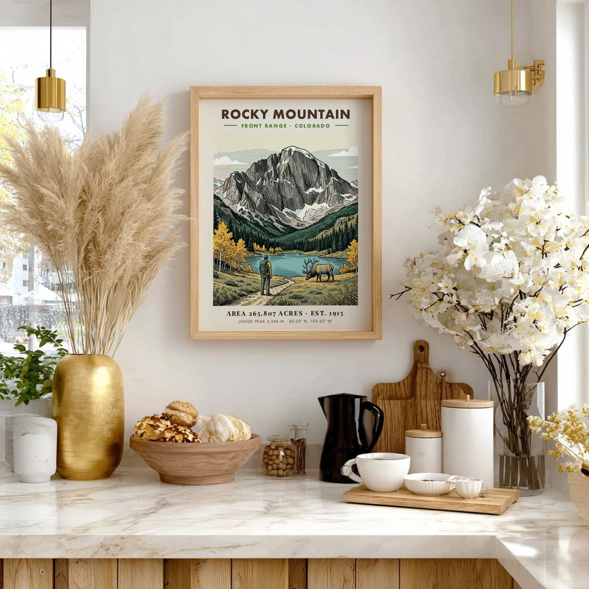 Rocky Mountain National Park poster showing a hiker, grazing elk, and Longs Peak.