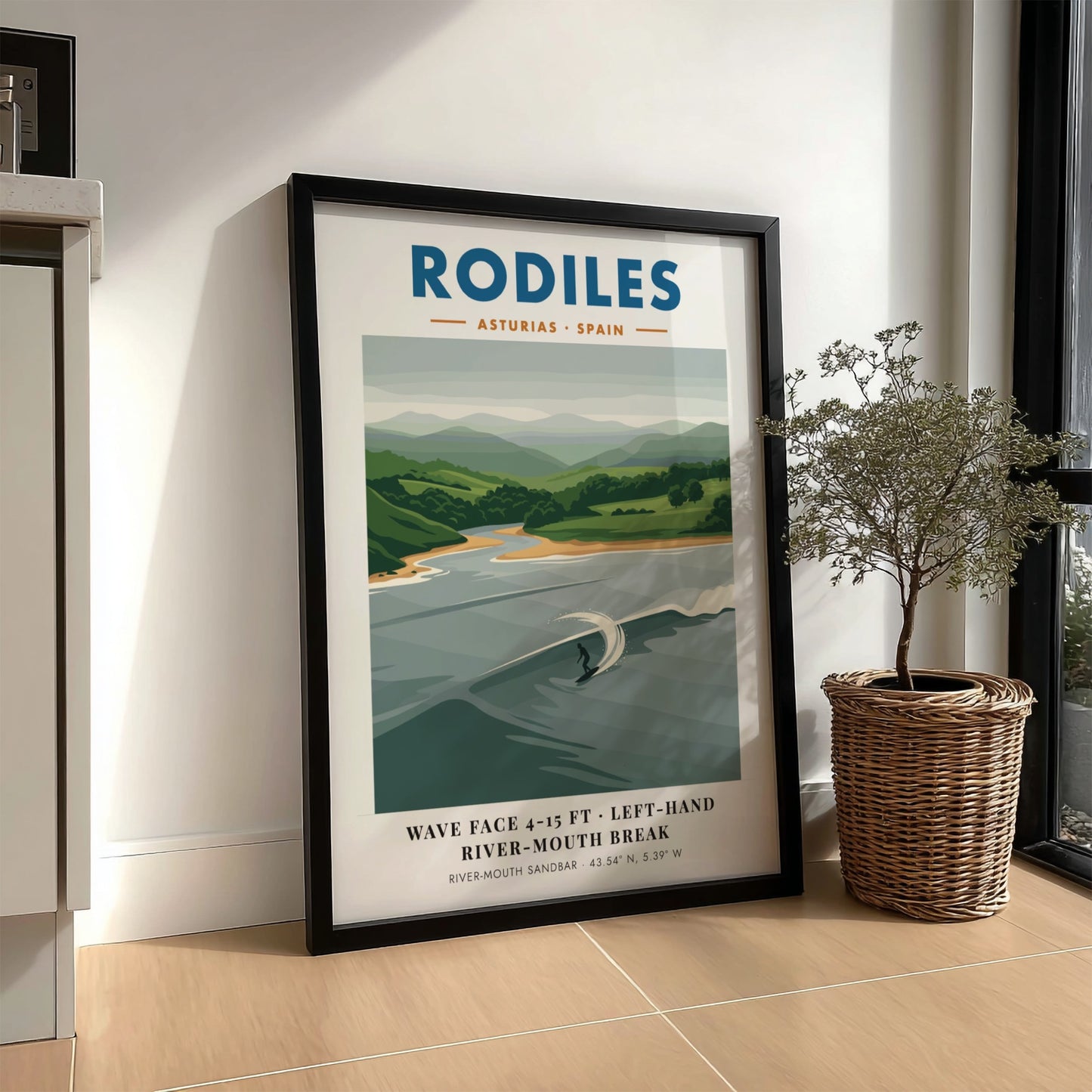 Rodiles surf poster featuring a solitary surfer on a left-hand river-mouth wave break.