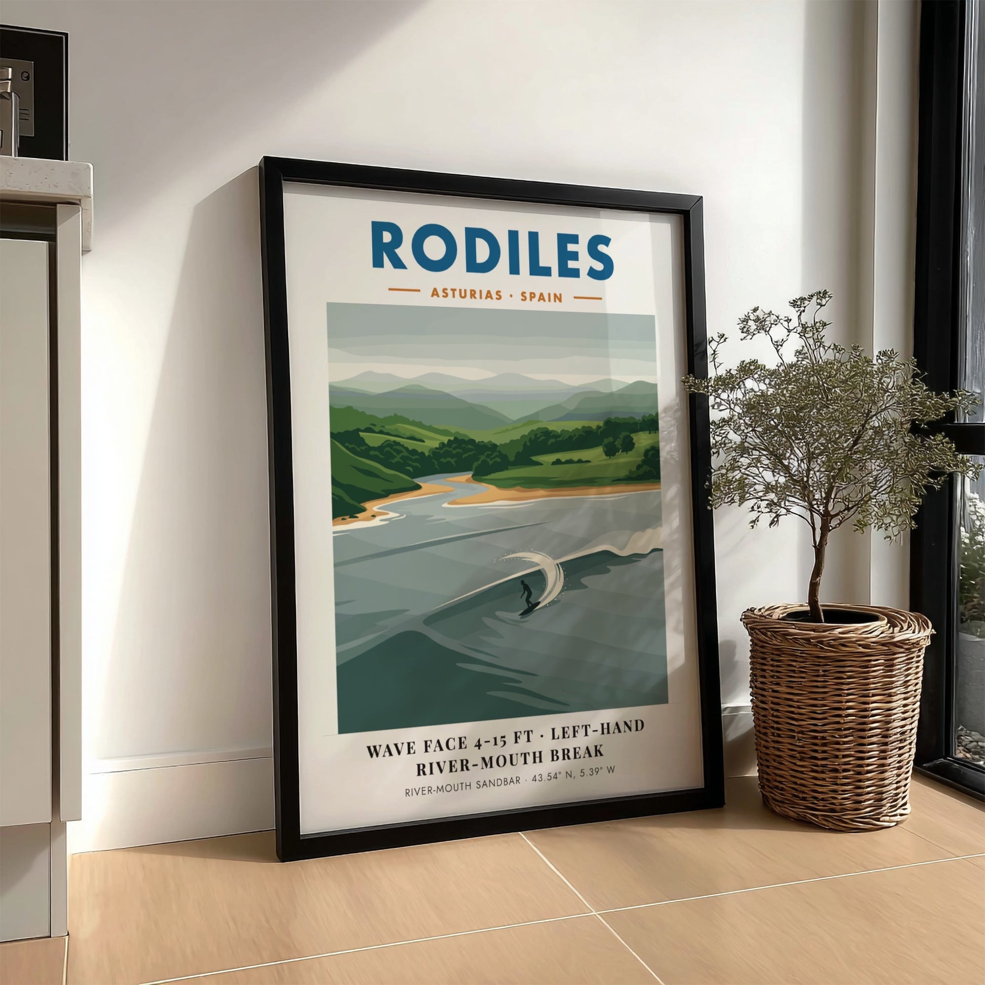 Rodiles surf poster featuring a solitary surfer on a left-hand river-mouth wave break.