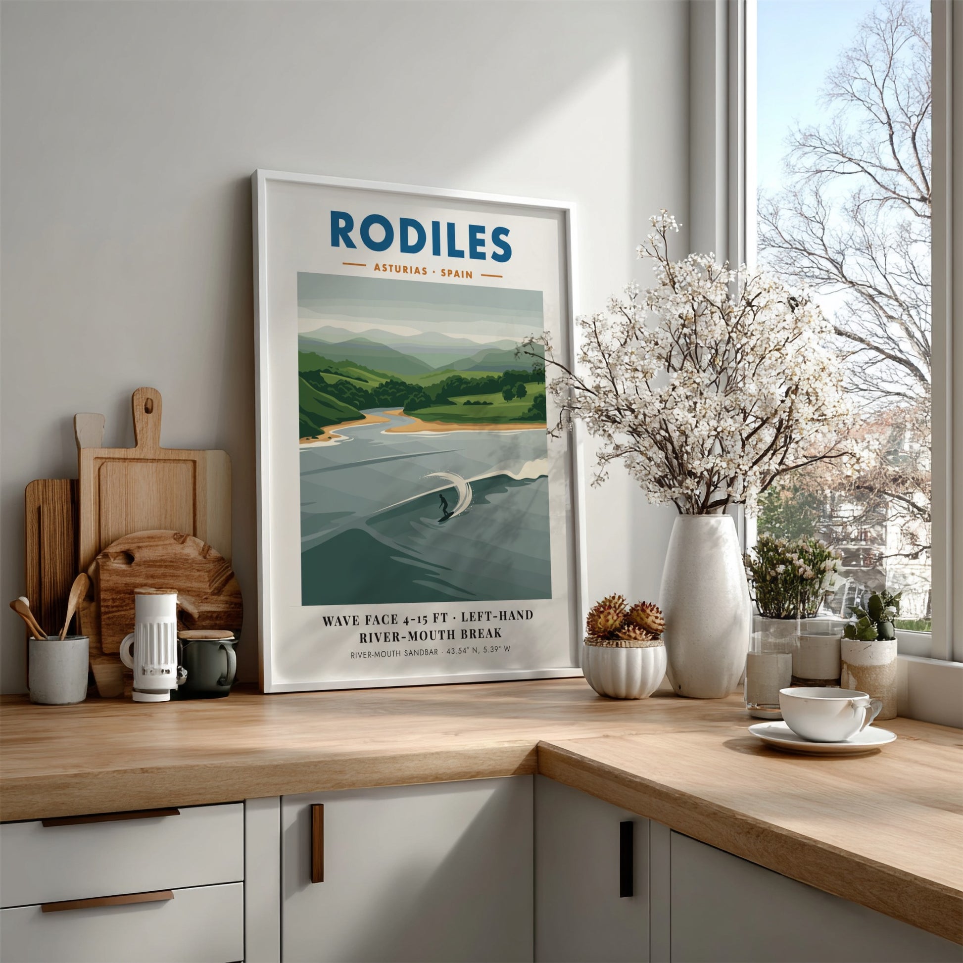 Rodiles surf poster featuring a solitary surfer on a left-hand river-mouth wave break.