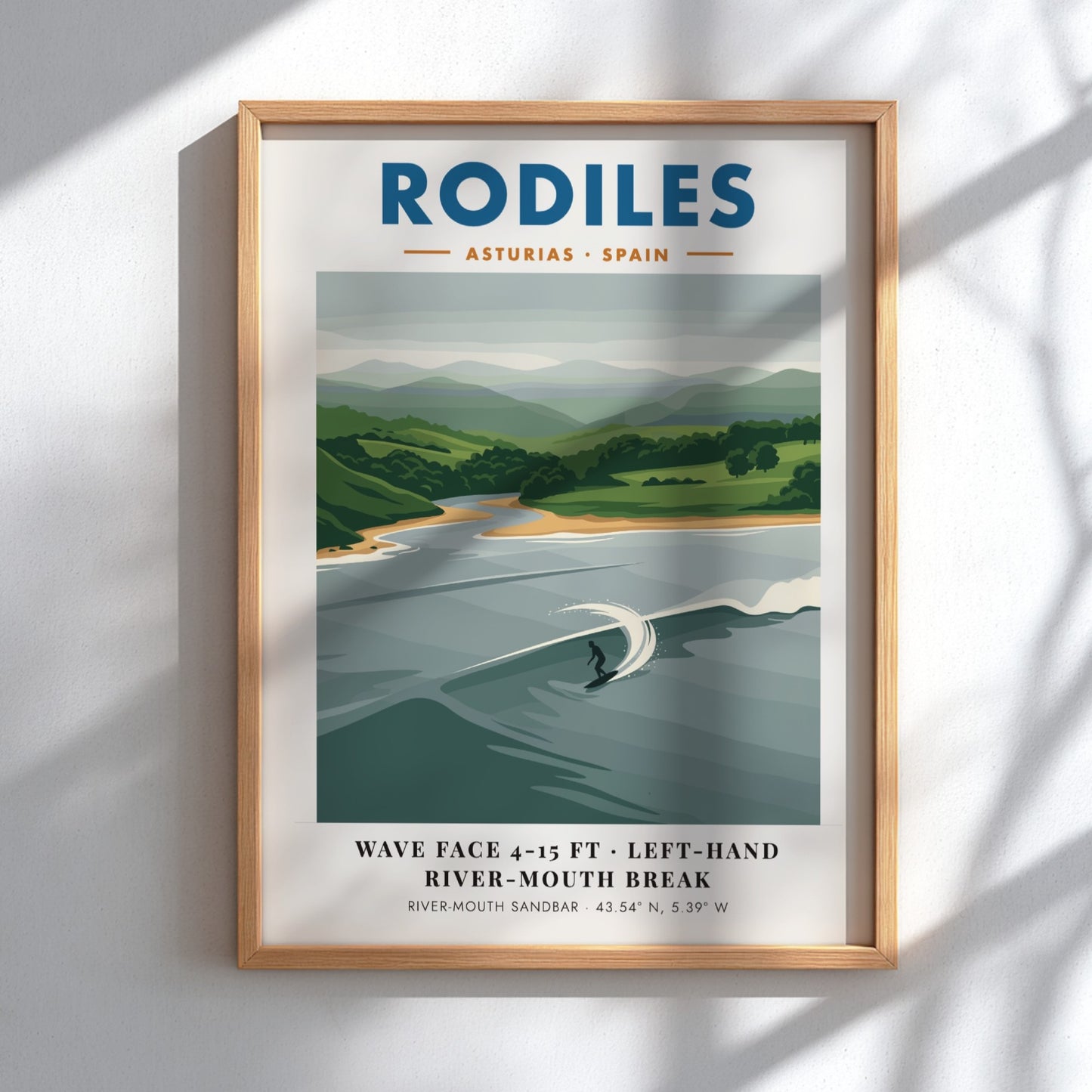 Rodiles surf poster featuring a solitary surfer on a left-hand river-mouth wave break.