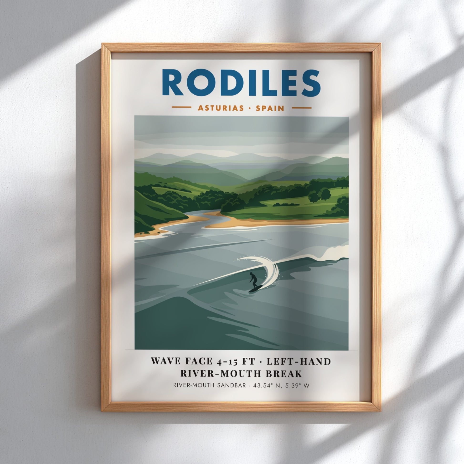 Rodiles surf poster featuring a solitary surfer on a left-hand river-mouth wave break.