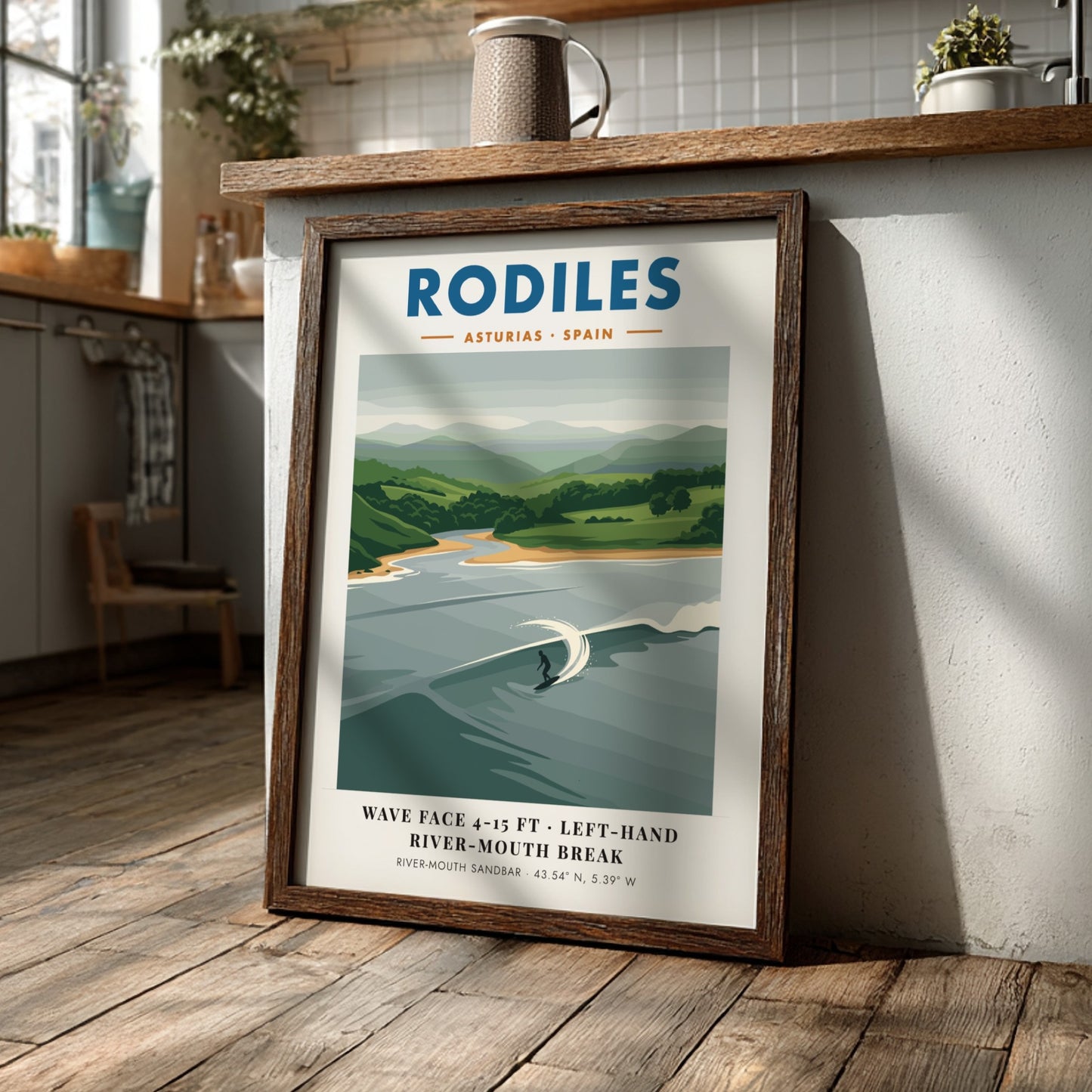 Rodiles surf poster featuring a solitary surfer on a left-hand river-mouth wave break.