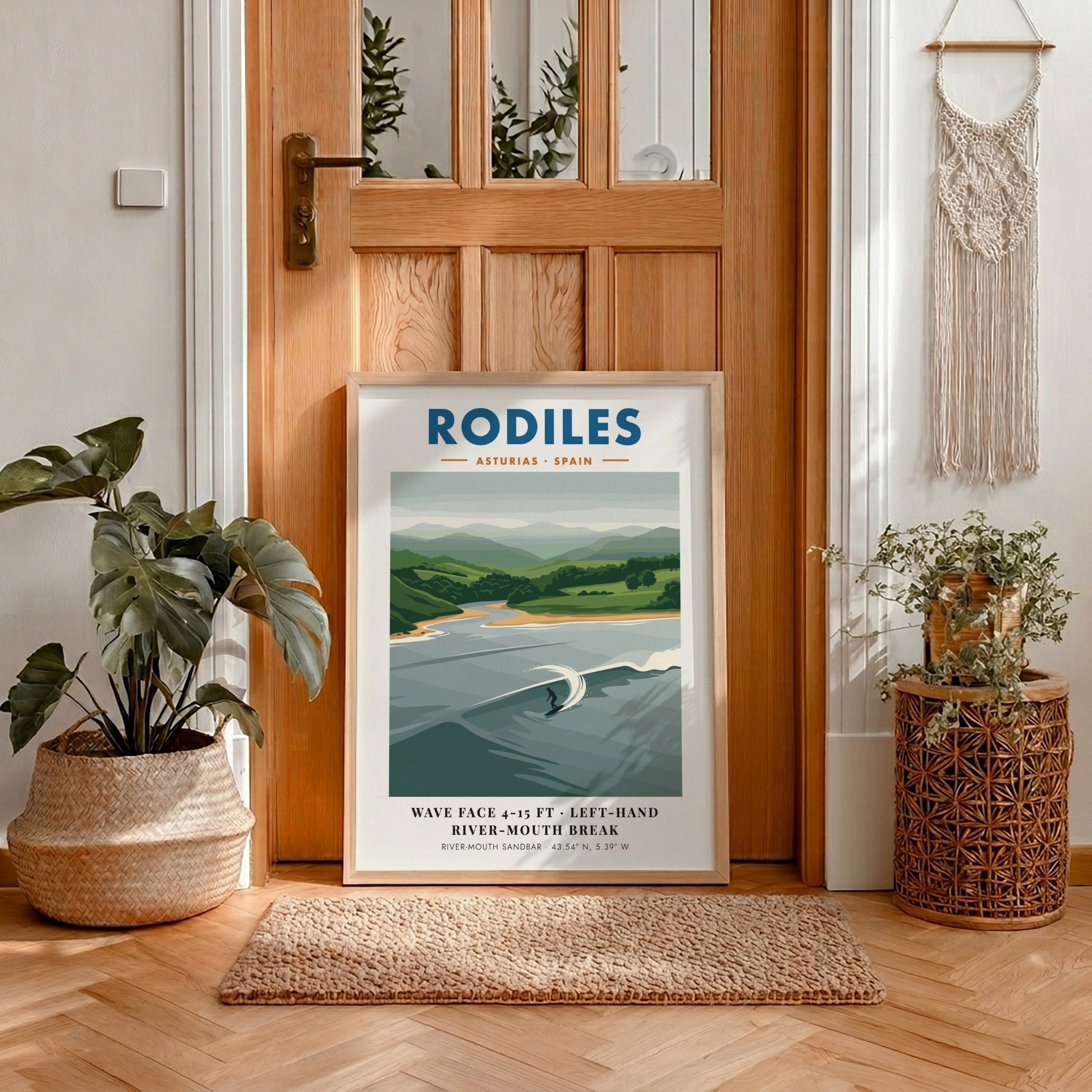 Rodiles surf poster featuring a solitary surfer on a left-hand river-mouth wave break.
