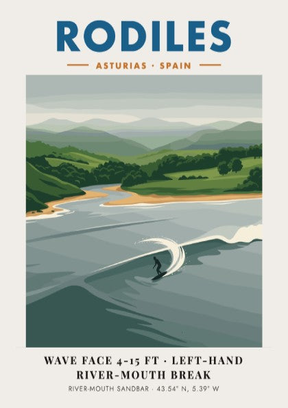 Rodiles surf poster featuring a solitary surfer on a left-hand river-mouth wave break.