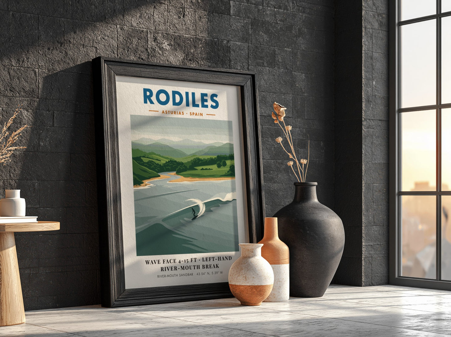 Rodiles surf poster featuring a solitary surfer on a left-hand river-mouth wave break.