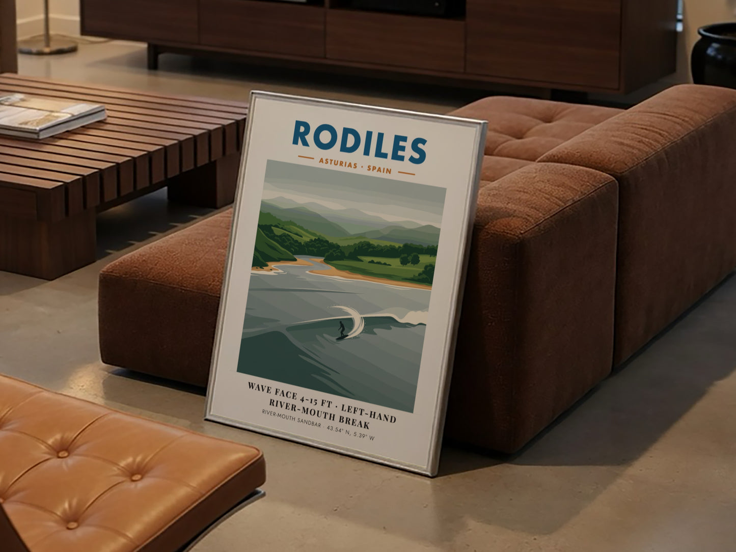 Rodiles surf poster featuring a solitary surfer on a left-hand river-mouth wave break.