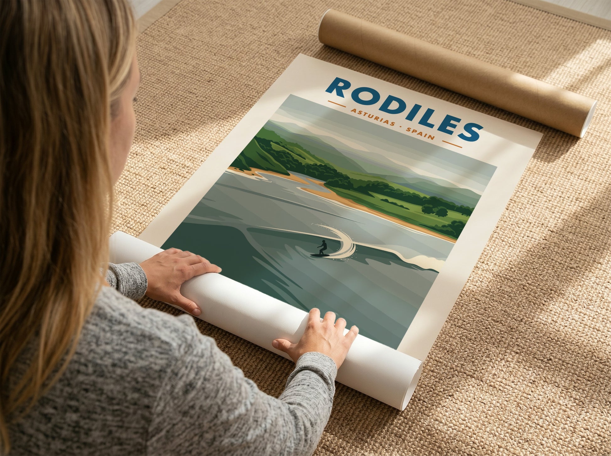 Rodiles surf poster featuring a solitary surfer on a left-hand river-mouth wave break.
