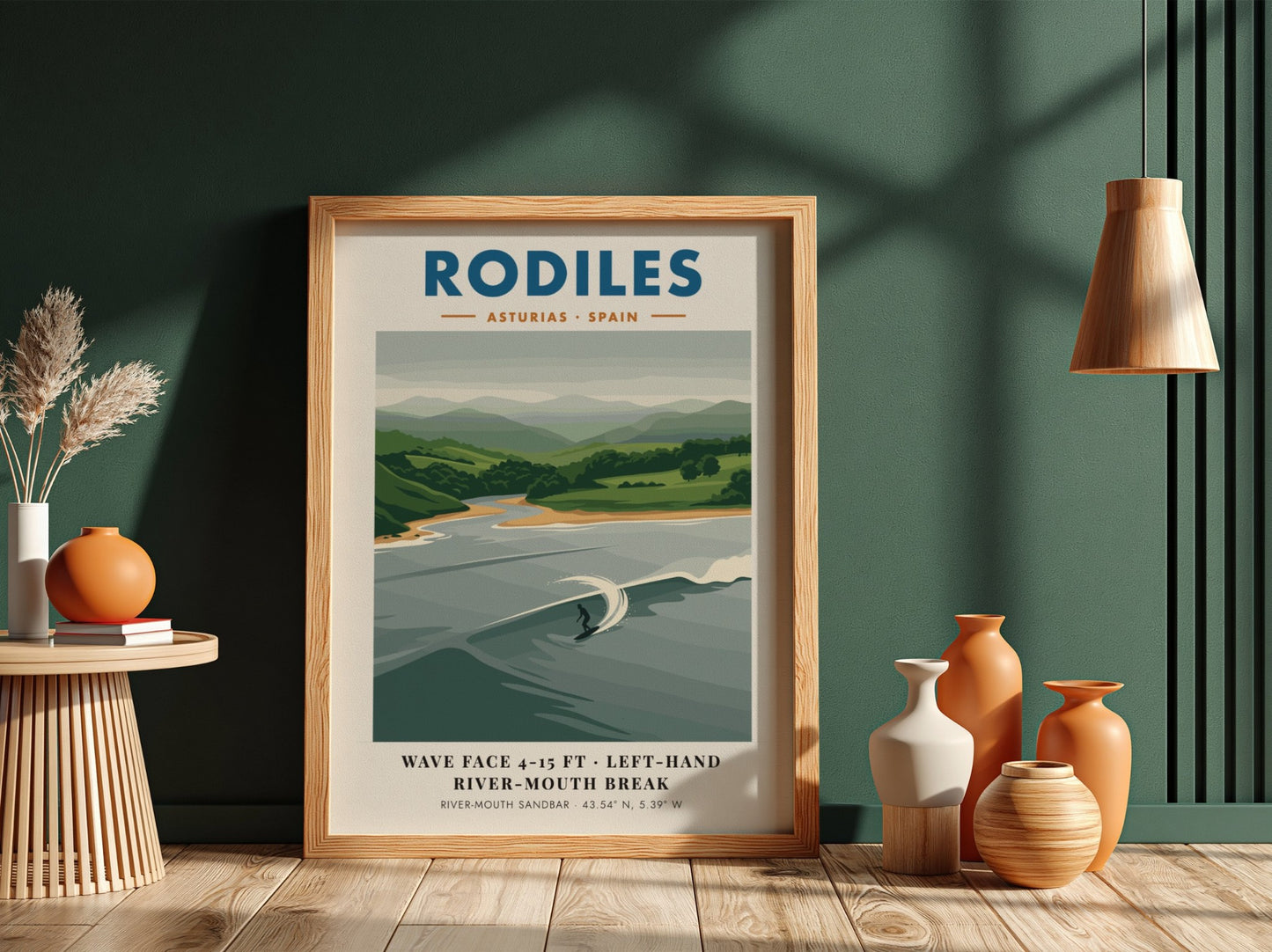 Rodiles surf poster featuring a solitary surfer on a left-hand river-mouth wave break.