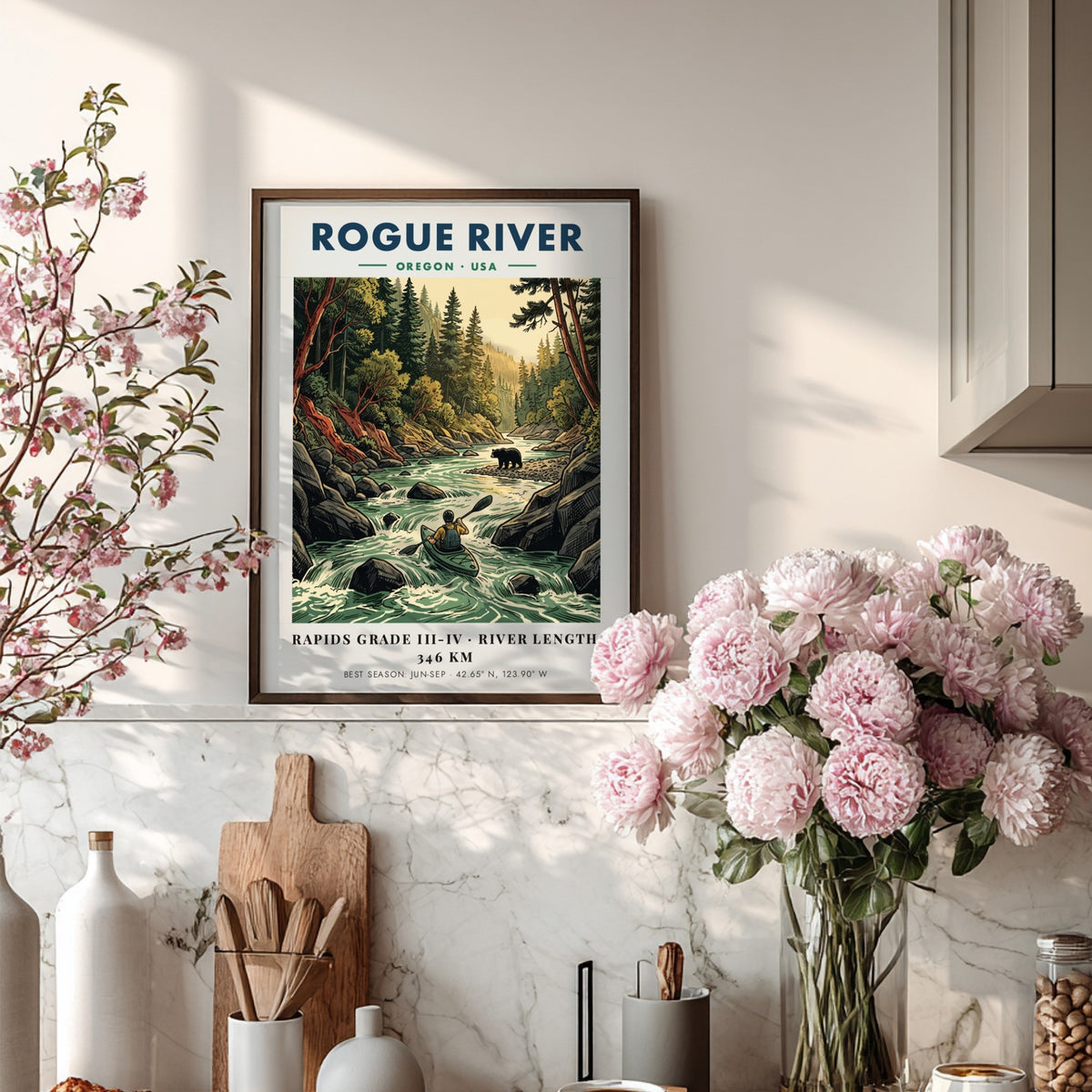 Poster featuring a kayaker on the Rogue River in Oregon with a bear nearby.
