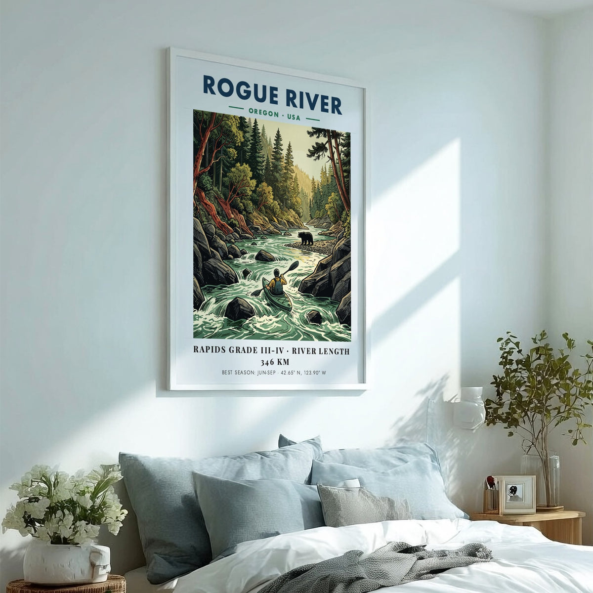 Poster featuring a kayaker on the Rogue River in Oregon with a bear nearby.