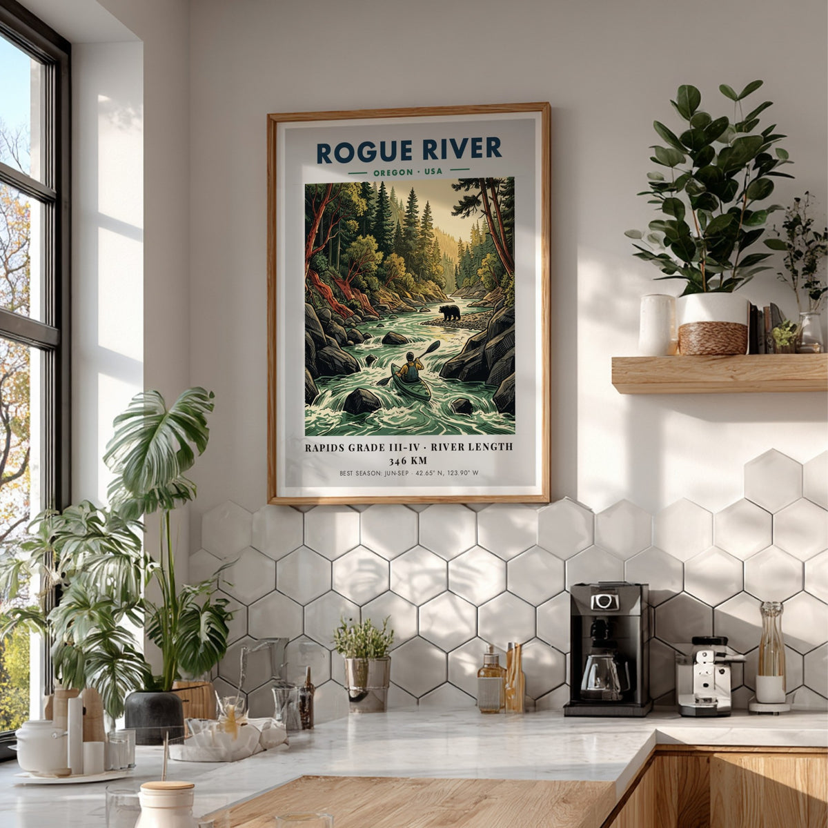 Poster featuring a kayaker on the Rogue River in Oregon with a bear nearby.