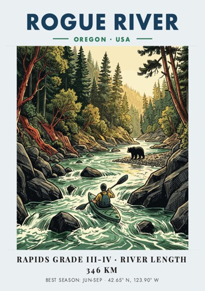 Poster featuring a kayaker on the Rogue River in Oregon with a bear nearby.