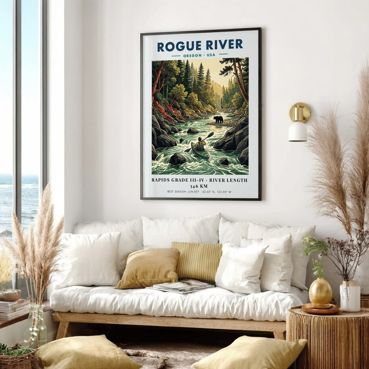 Poster featuring a kayaker on the Rogue River in Oregon with a bear nearby.