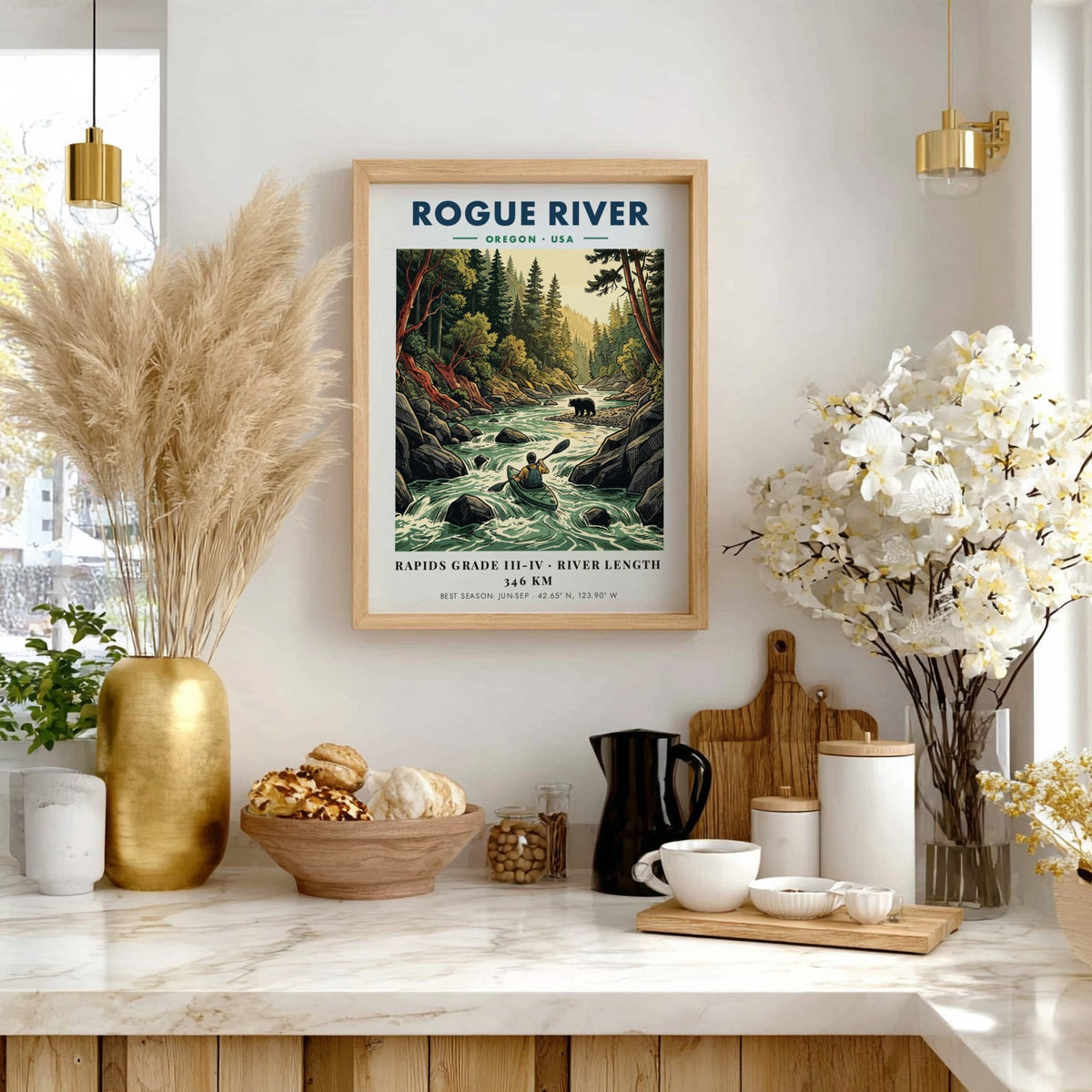 Poster featuring a kayaker on the Rogue River in Oregon with a bear nearby.