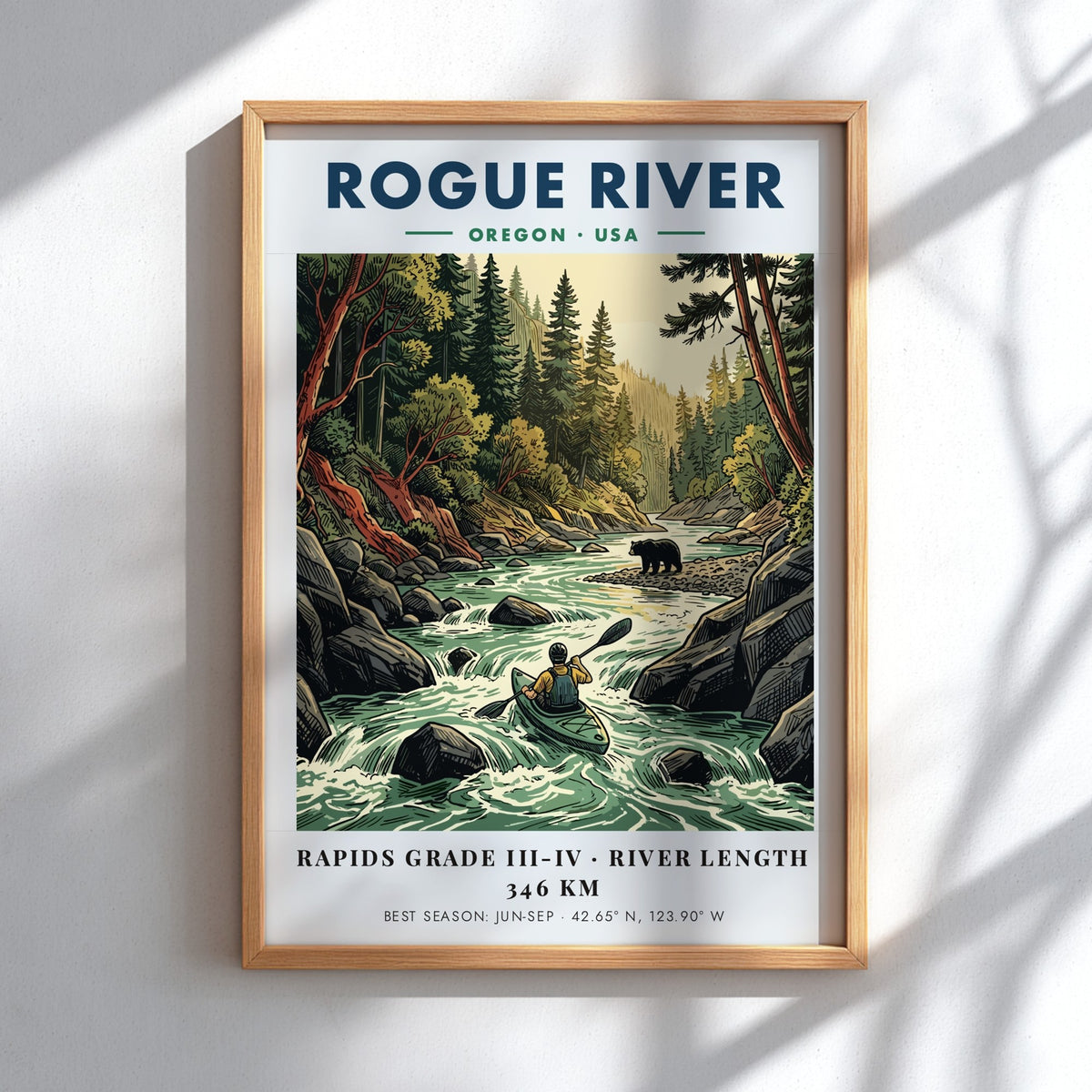 Poster featuring a kayaker on the Rogue River in Oregon with a bear nearby.