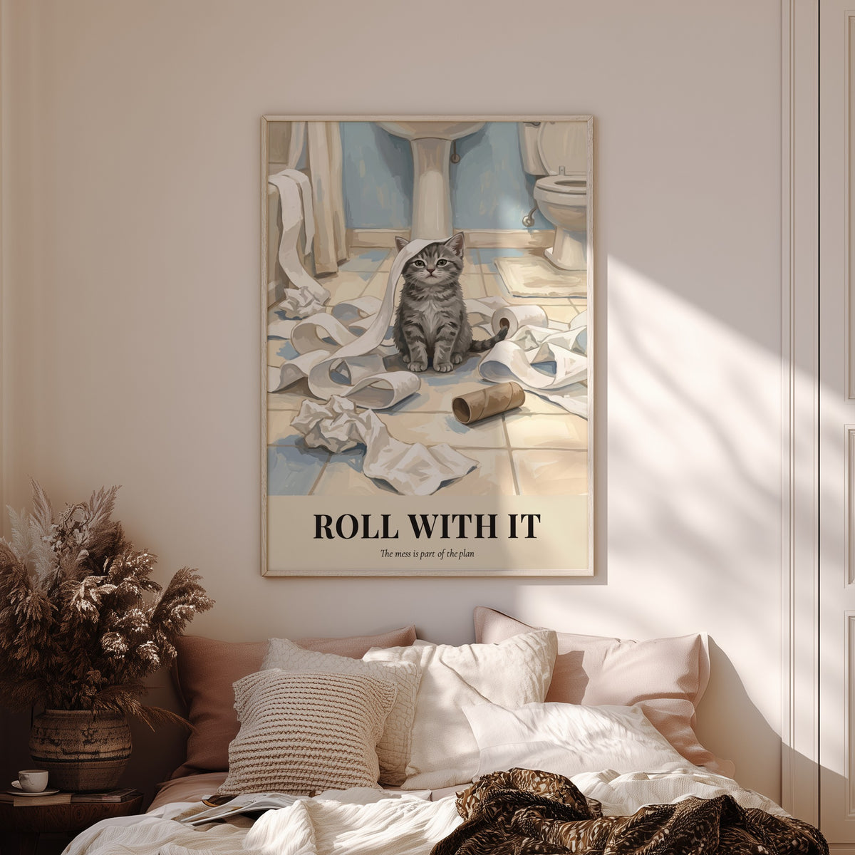 Poster featuring a tabby kitten sitting in a pile of toilet paper with text