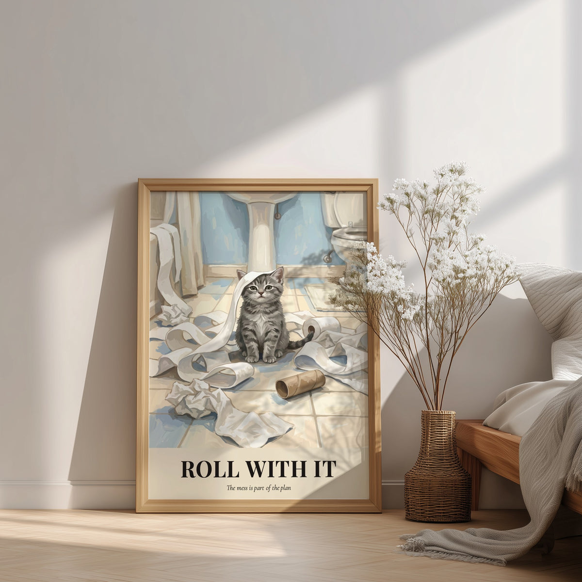 Poster featuring a tabby kitten sitting in a pile of toilet paper with text