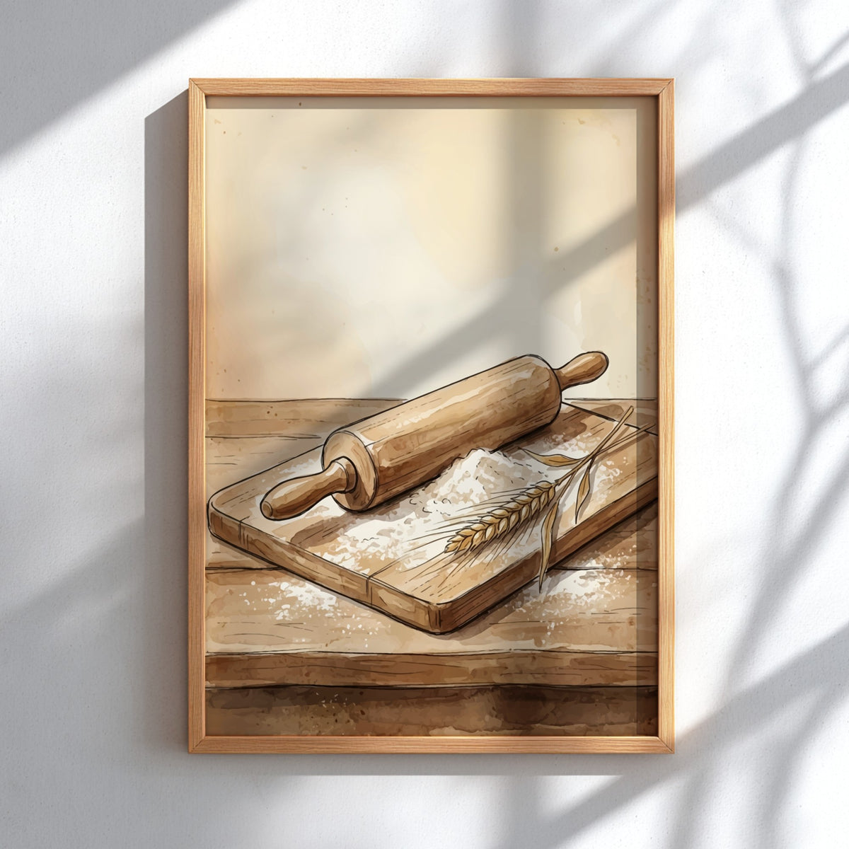 Poster featuring a wooden rolling pin, scattered flour, and wheat on a wooden board.