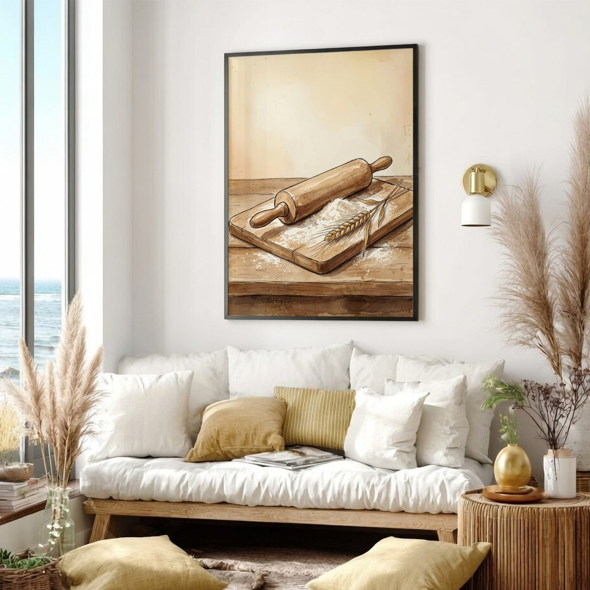 Poster featuring a wooden rolling pin, scattered flour, and wheat on a wooden board.