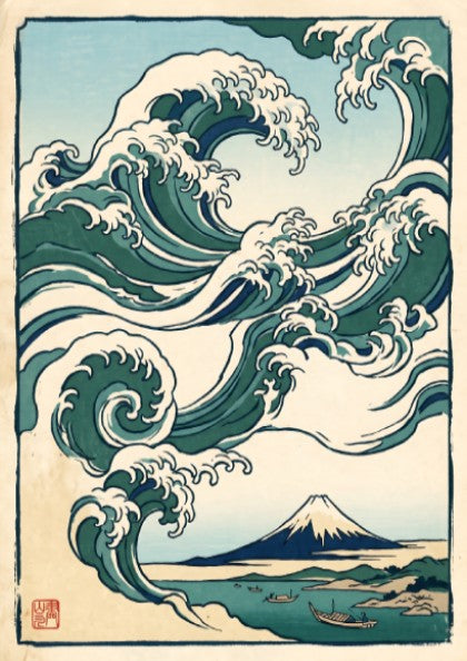 Japanese art style poster featuring rolling waves and Mount Fuji in green and blue tones