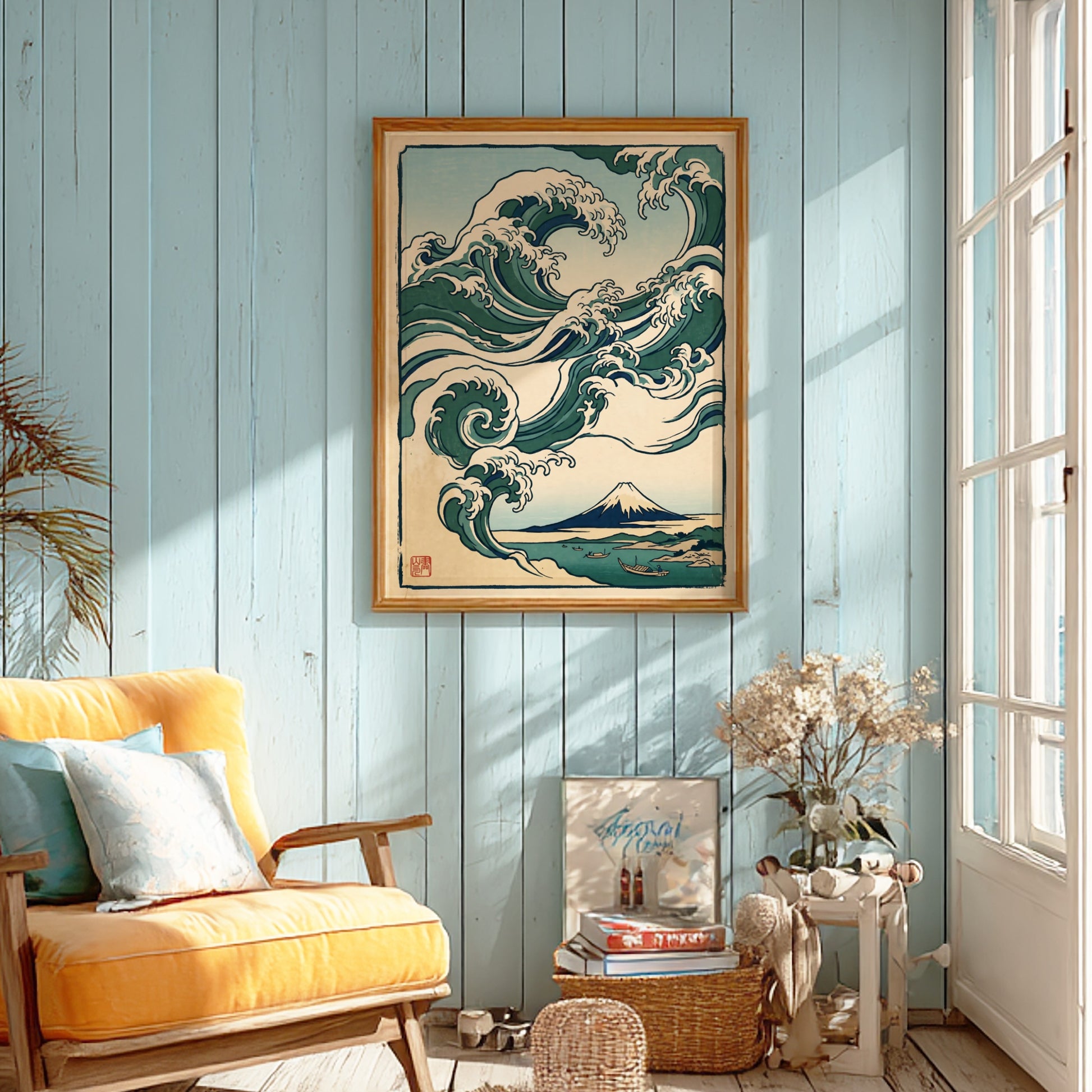 Japanese art style poster featuring rolling waves and Mount Fuji in green and blue tones