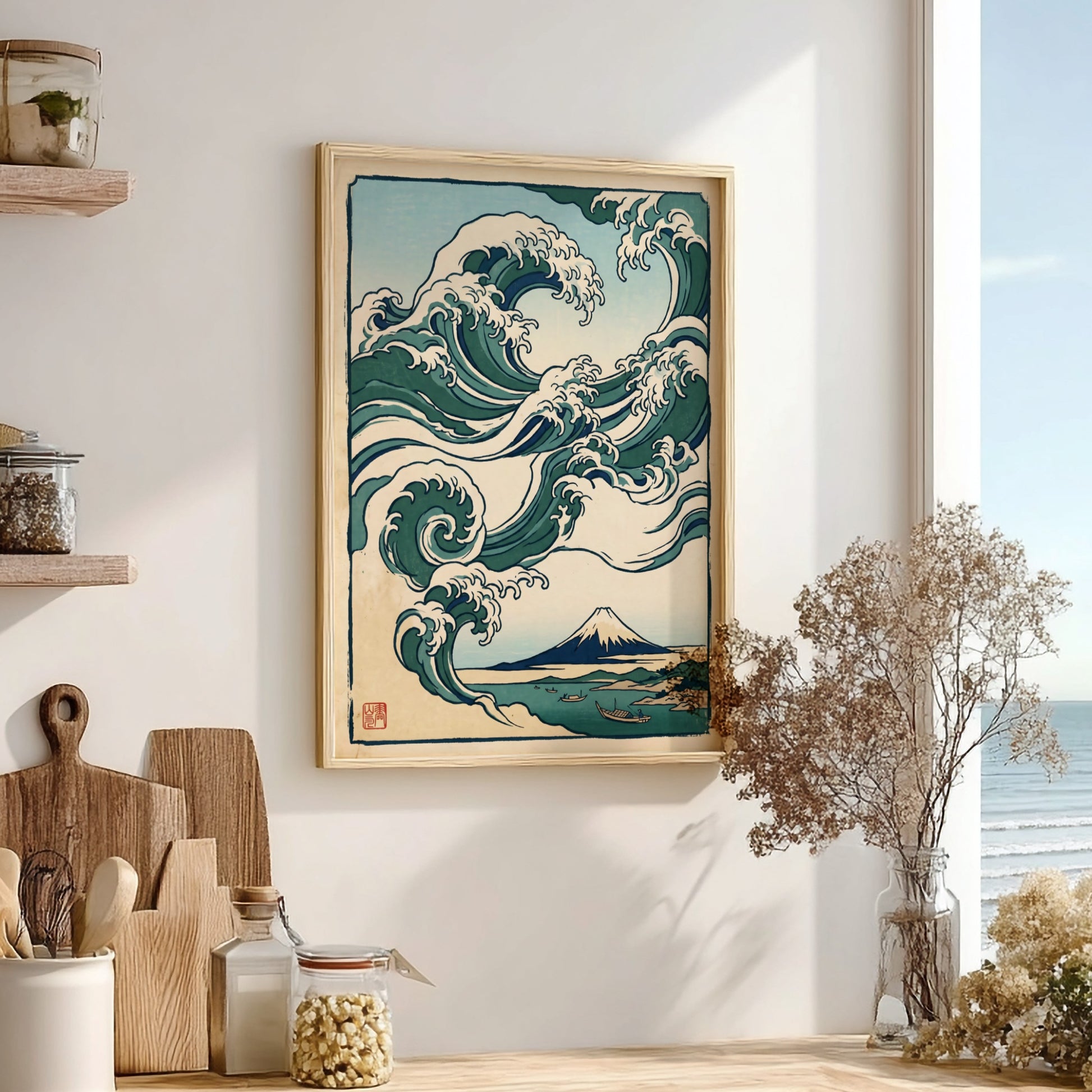 Japanese art style poster featuring rolling waves and Mount Fuji in green and blue tones