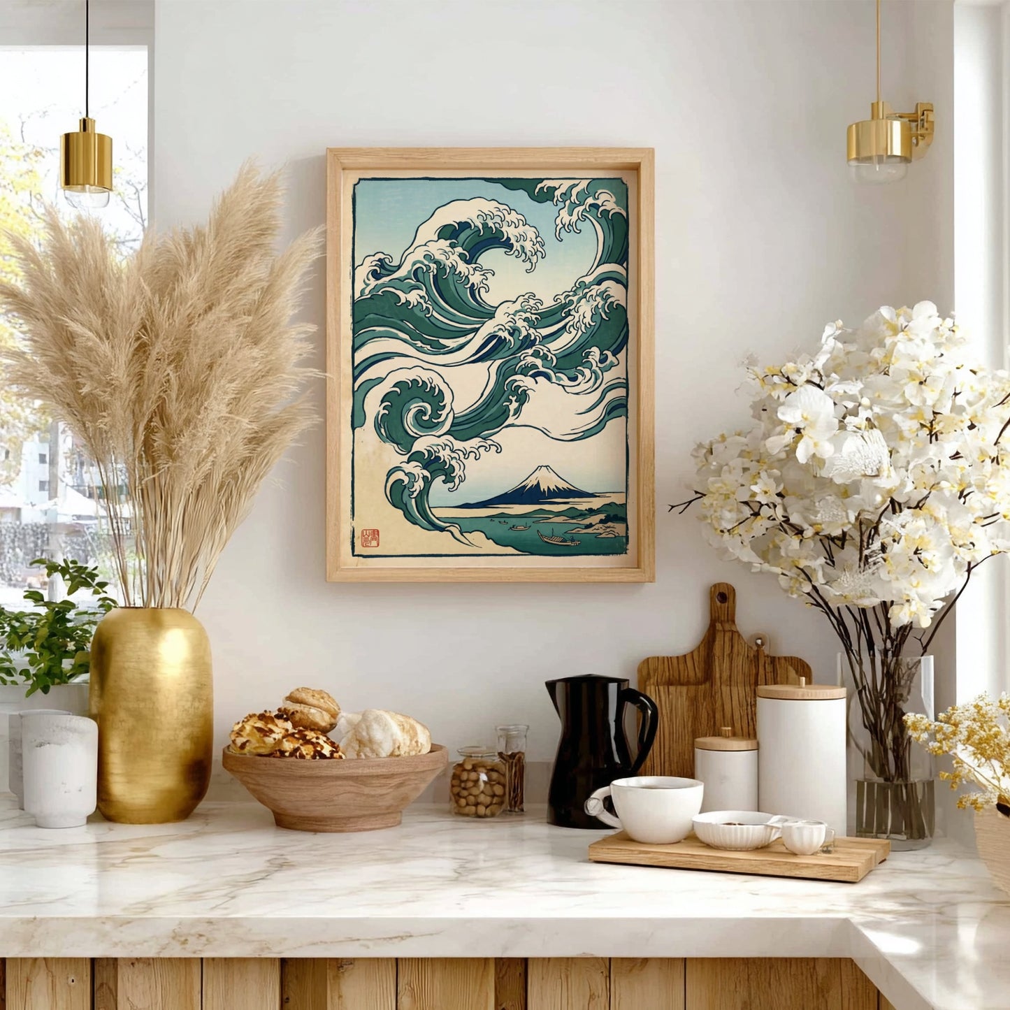 Japanese art style poster featuring rolling waves and Mount Fuji in green and blue tones