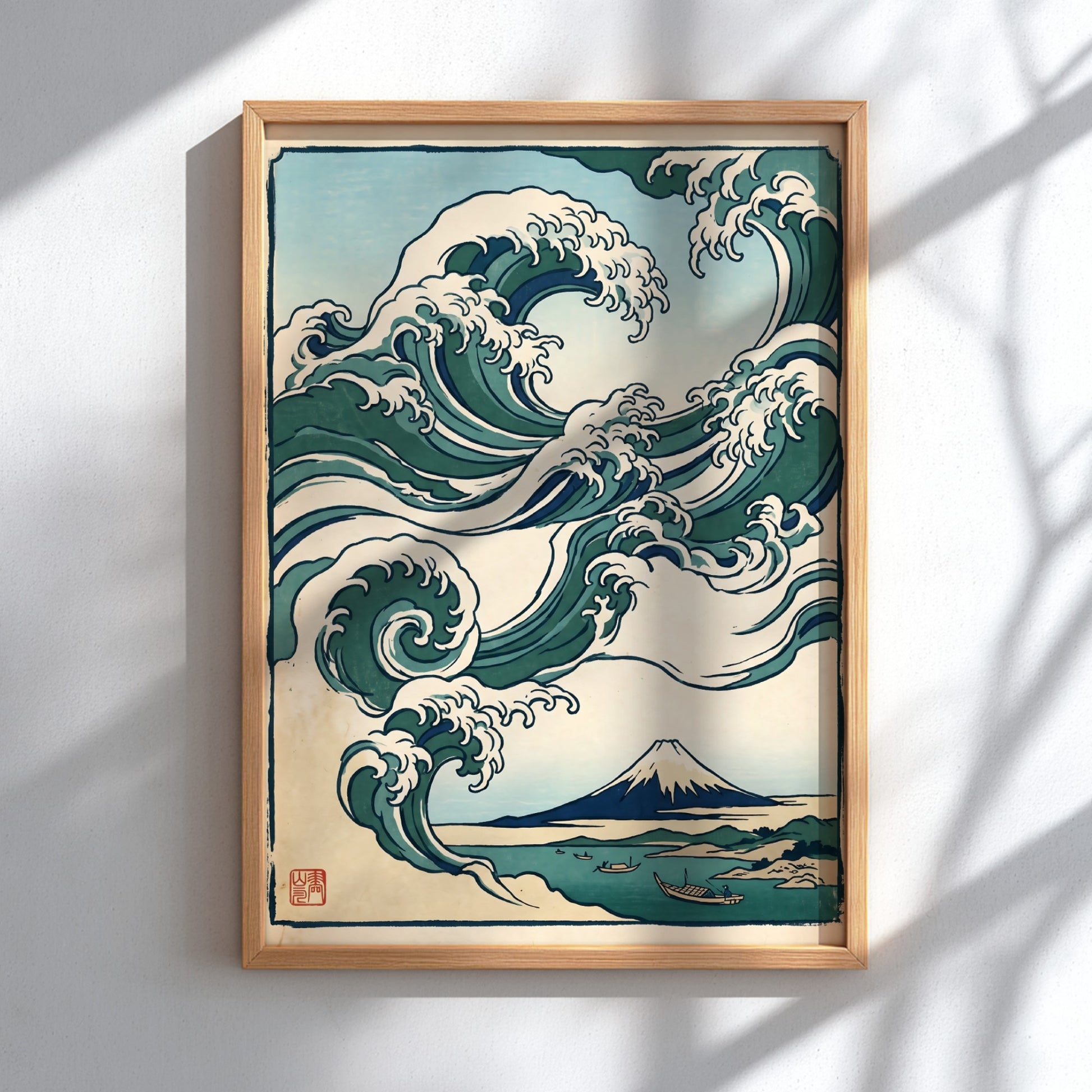 Japanese art style poster featuring rolling waves and Mount Fuji in green and blue tones