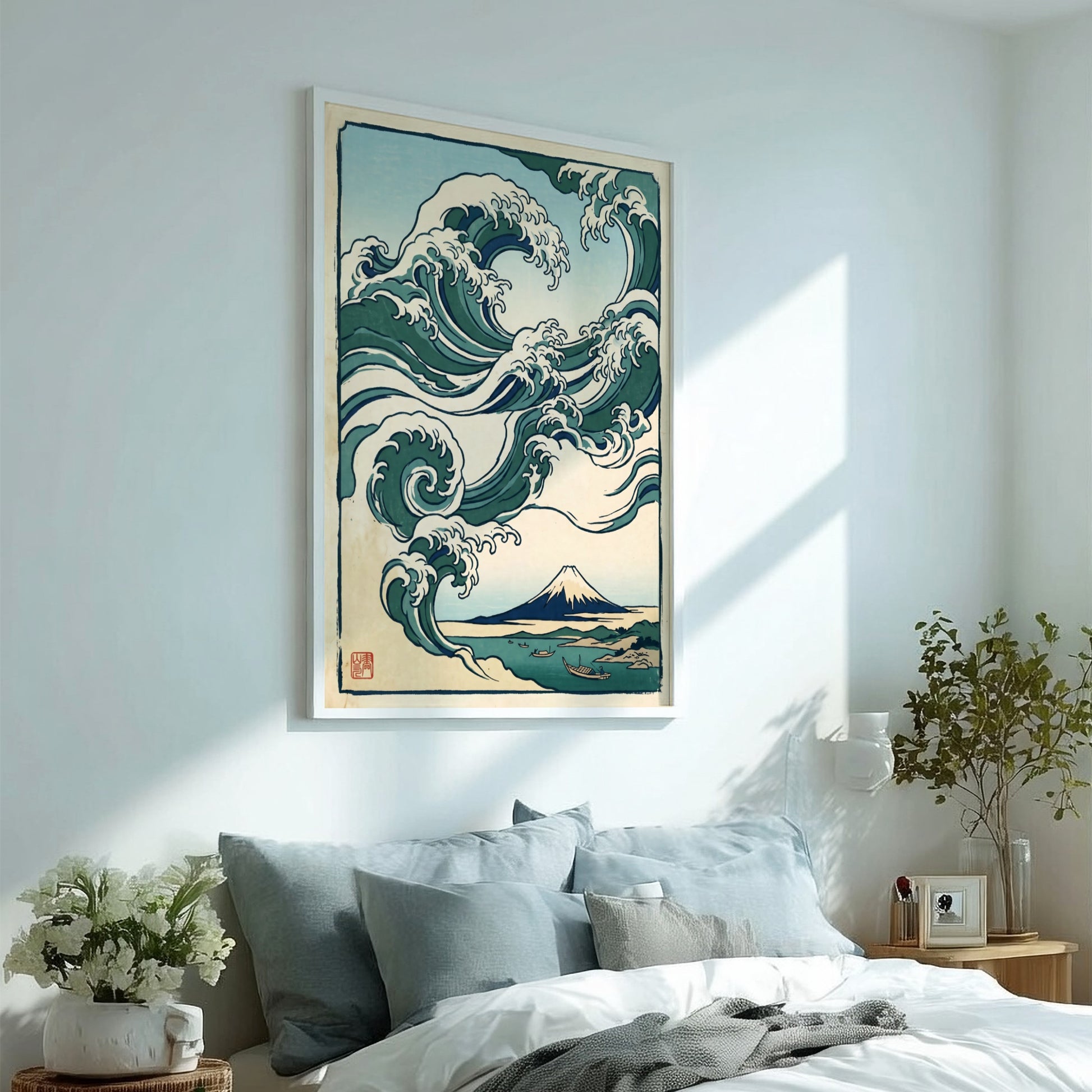 Japanese art style poster featuring rolling waves and Mount Fuji in green and blue tones