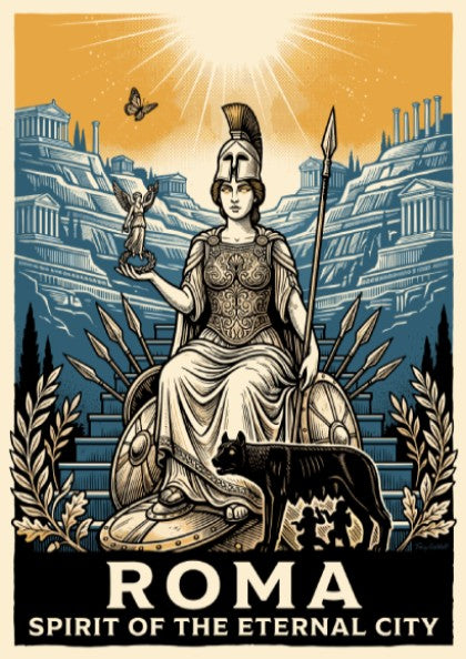 Poster featuring a Roman goddess, the she-wolf, and ancient ruins in navy and ochre.