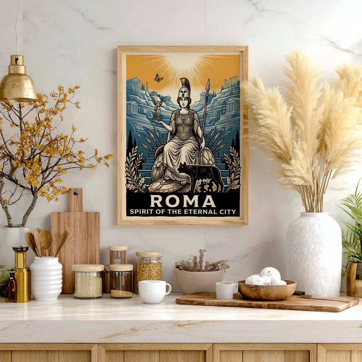 Poster featuring a Roman goddess, the she-wolf, and ancient ruins in navy and ochre.