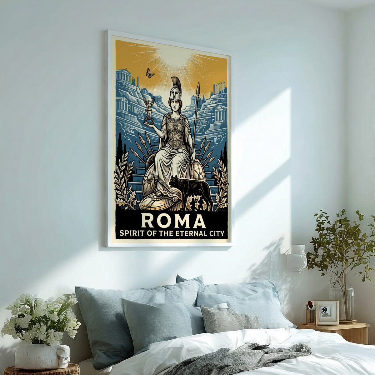 Poster featuring a Roman goddess, the she-wolf, and ancient ruins in navy and ochre.