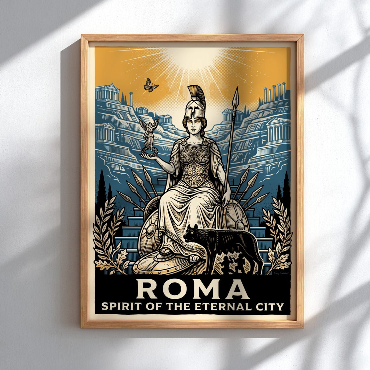 Poster featuring a Roman goddess, the she-wolf, and ancient ruins in navy and ochre.