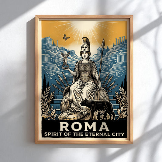 Poster featuring a Roman goddess, the she-wolf, and ancient ruins in navy and ochre.
