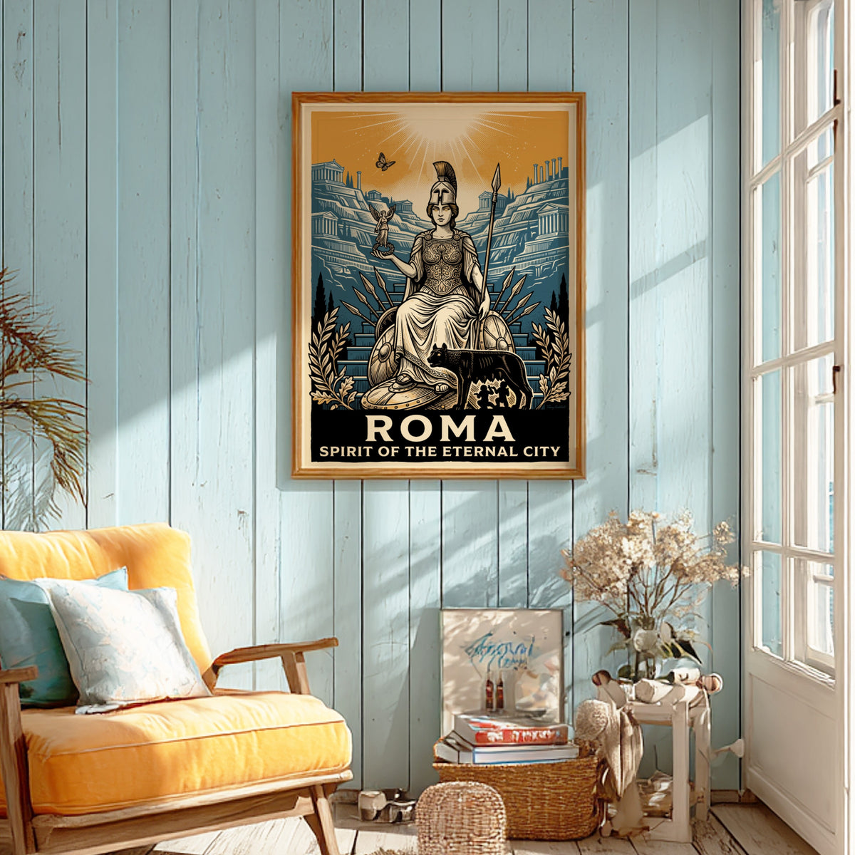 Poster featuring a Roman goddess, the she-wolf, and ancient ruins in navy and ochre.