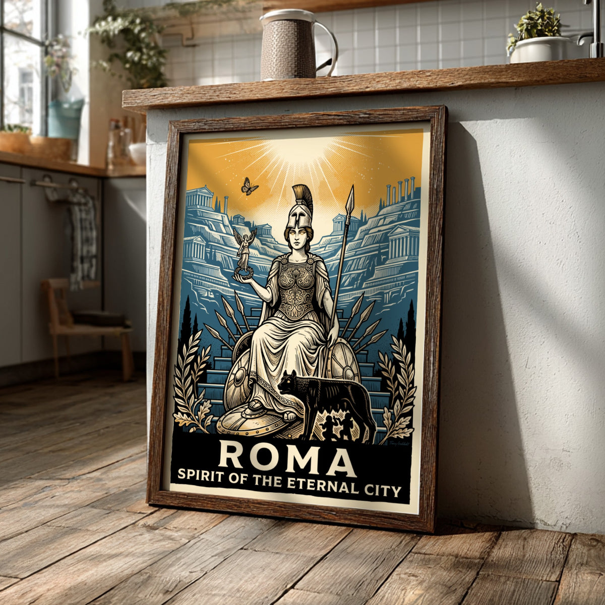 Poster featuring a Roman goddess, the she-wolf, and ancient ruins in navy and ochre.