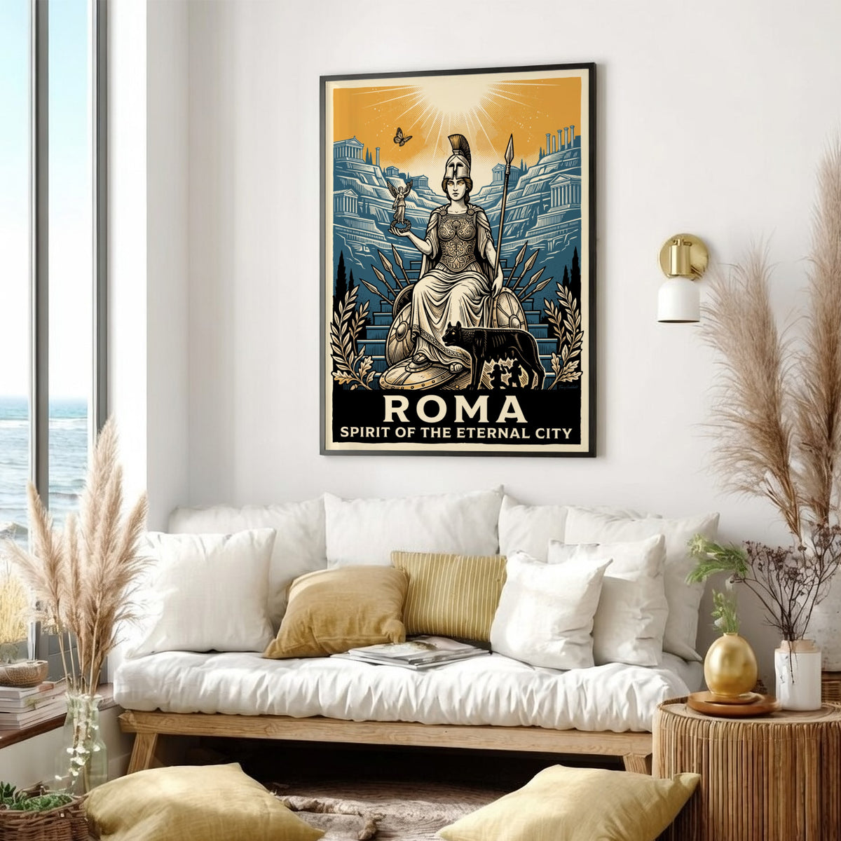 Poster featuring a Roman goddess, the she-wolf, and ancient ruins in navy and ochre.