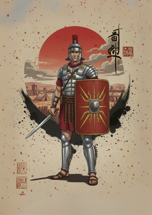 Illustration of a warrior in armor holding a shield and spear against a desert landscape with a red sun.